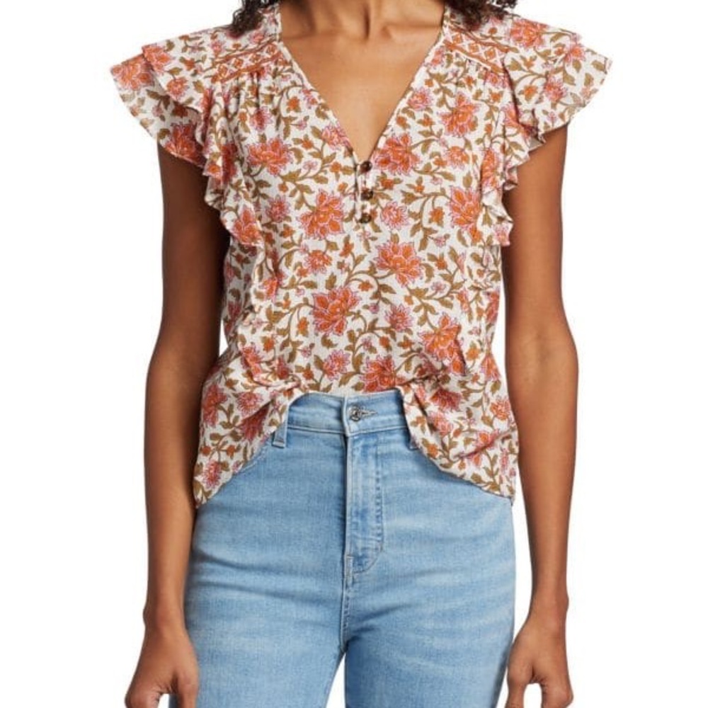 Floral Ruffle Sleeve Top - Orange and White